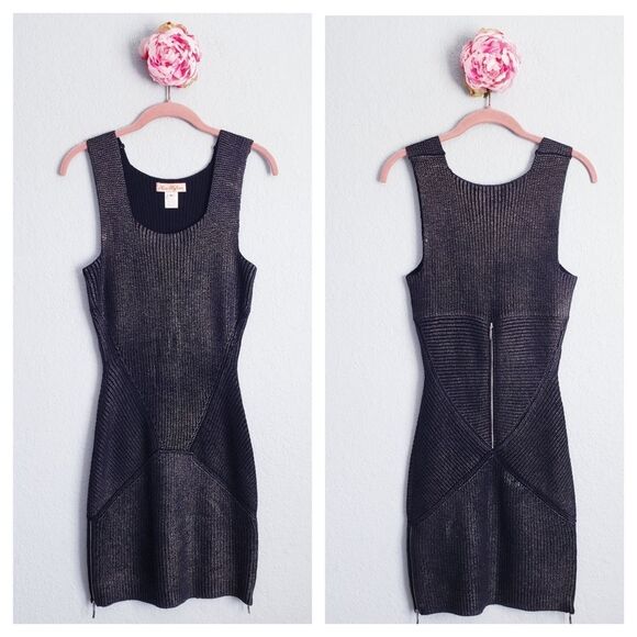 Mara Huffman Black‎ Metallic Knit Ribbed Bodycon Dress with Zipper Details - Picture 1 of 10